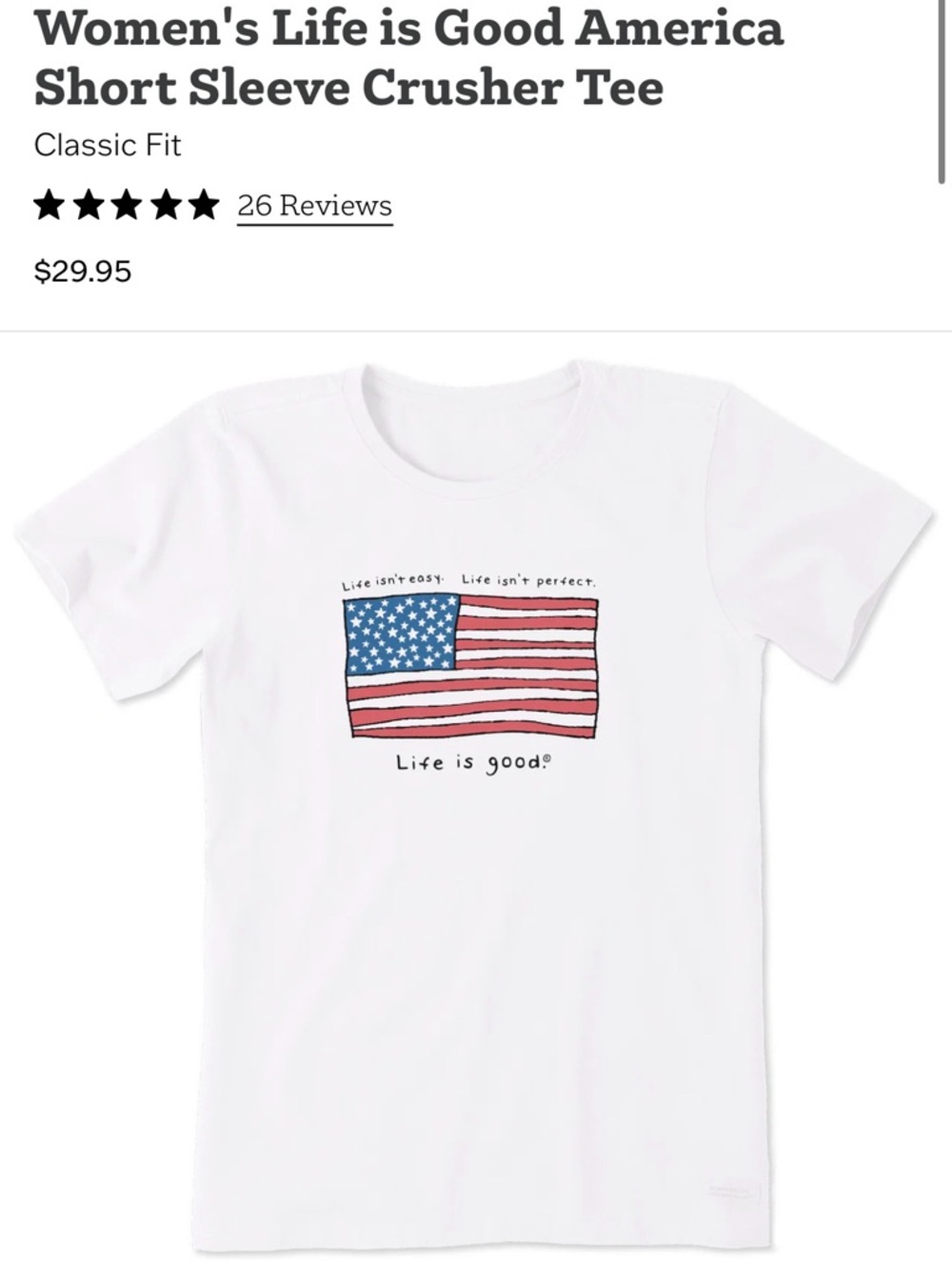 Life is Good Crusher Tee Classic Fit USA Patriotic Flag white top Sz Lg
